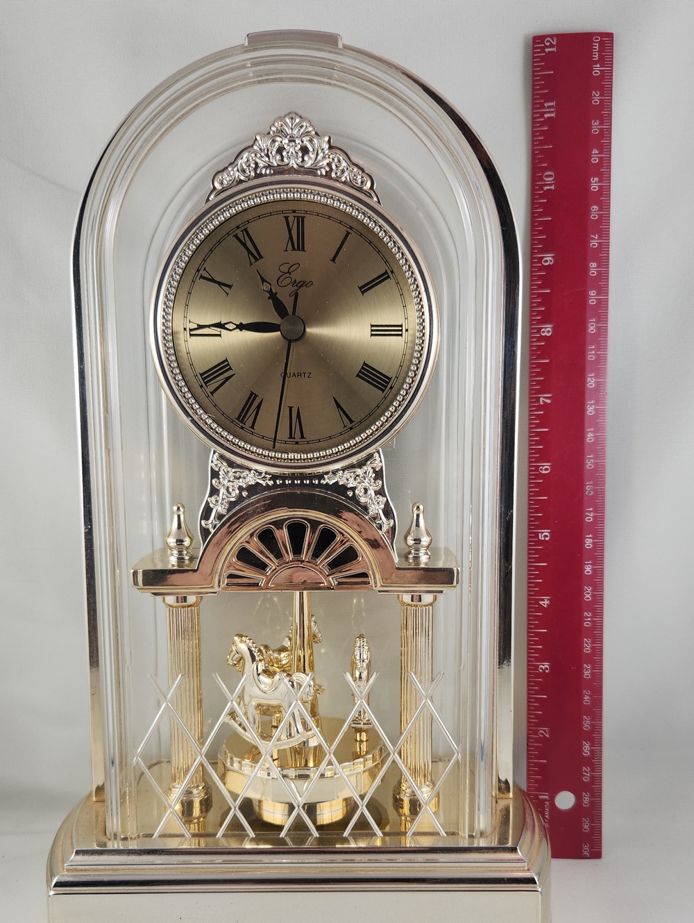 ERGO Quartz Anniversary Clock Carousel Horses Acrylic Dome Clock VTG 80s Works - Picture 9 of 14